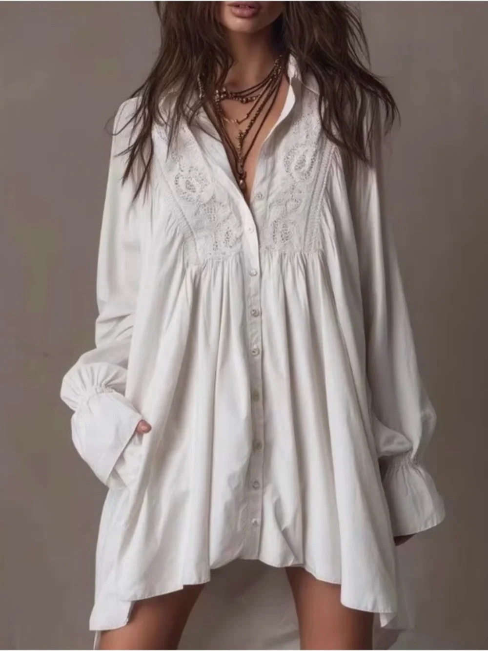 Beautiful White Eyelet High/Low Button-Up Tunic Dress - Picture 2 of 15